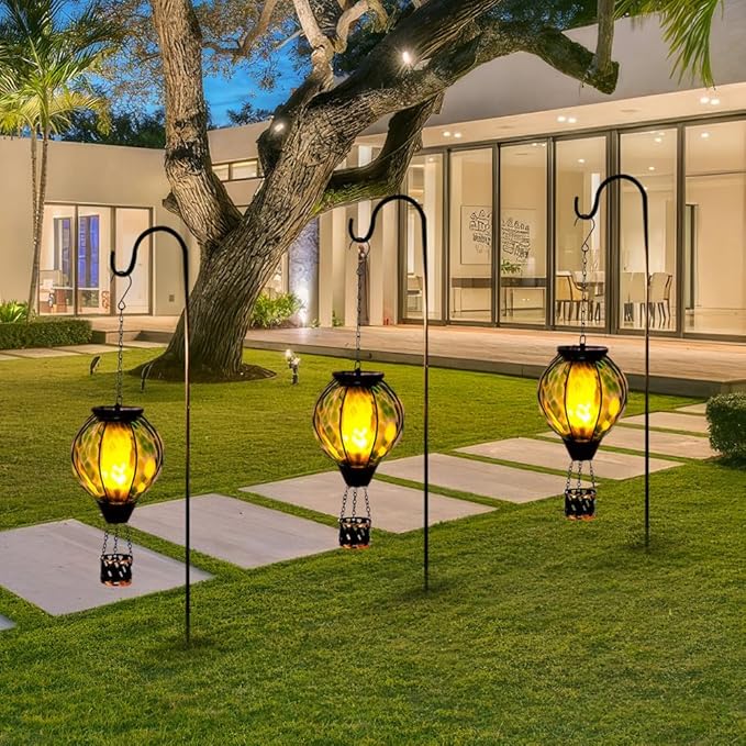 Solar Hot Air Balloon Lantern with Flame Flickering,Glass Hot Air Balloon Solar Lantern Outdoor Waterproof Hanging Outdoor Light for Patio Yard Garden Decor,Mother Day Gifts for Women(Green)