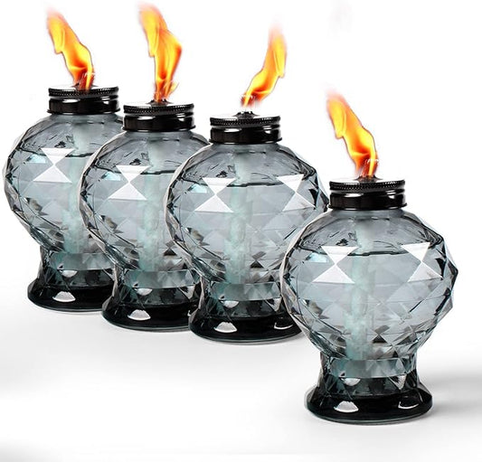 Tewei 4 Pack Grey Table Top Light Torches Outdoor, Mini Glass Torches Lanterns for Outside, Easy to Refill Citronella Torches for Garden Patio Yard Party