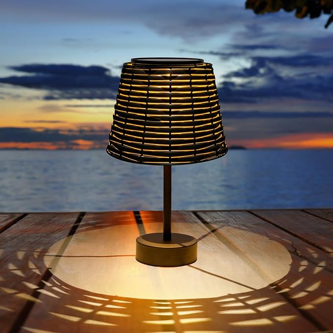 Solar Rattan Woven Desk Lamp, Outdoor Table Lamps for Patio, Garden, Bedroom, Living Room (Black)