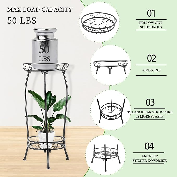 Plant Stand Indoor Outdoor 2 Tier 27" Tall Metal Potted Holder Rack Flower Pot Stand Heavy Duty Plant Shelf Rustproof Iron Multiple Plant Round Supports Rack for Planter Corner Garden Balcony Patio