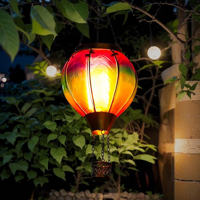 Solar Hot Air Balloon Lantern with Flame, Hanging Glass Hot Air Balloon Solar Lantern Waterproof, Decorative Outdoor Hot Air Balloon Solar Light for Outside Garden Patio (Purple Gradient)