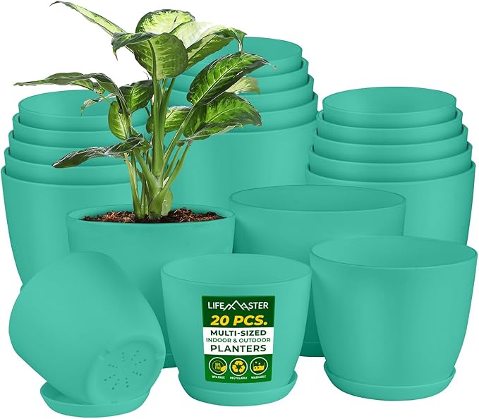 Planter Pots with Drainage Holes - Lightweight, Durable, and Space-Saving Pots for Indoor and Outdoor - Versatile Functionality, Simple Modern Design, Set of 20 Plastic Planter Pots - Aqua