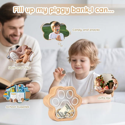 KMC Wooden Cat Caw Piggy Bank, Dog Paw Money Box for Boy Clear Piggy Bank for Girl Small Initial Coin Bank Personalized Gift for Birthday and Festival(Natural)