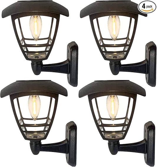 MAGGIFT 4 Pack Solar Powered Wall Lantern, Outdoor 10 Lumen LED Edison Bulb Warm White Solar Lights Wall Sconce with No Wiring Required, Fixture with Wall Mount Kit