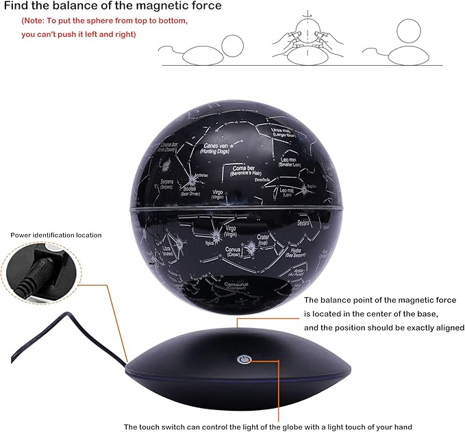 6" Magnetic Levitating Globe, 360°Rotating Geographic Globes Levitating Globes with LED Light Floating Magnetic Levitation Floating Globe for Desk Home Office Classroom Decor(Black/Single Color Light)