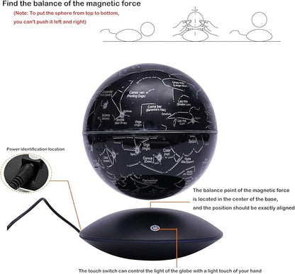 6" Magnetic Levitating Globe, 360°Rotating Geographic Globes Levitating Globes with LED Light Floating Magnetic Levitation Floating Globe for Desk Home Office Classroom Decor(Black/Single Color Light)