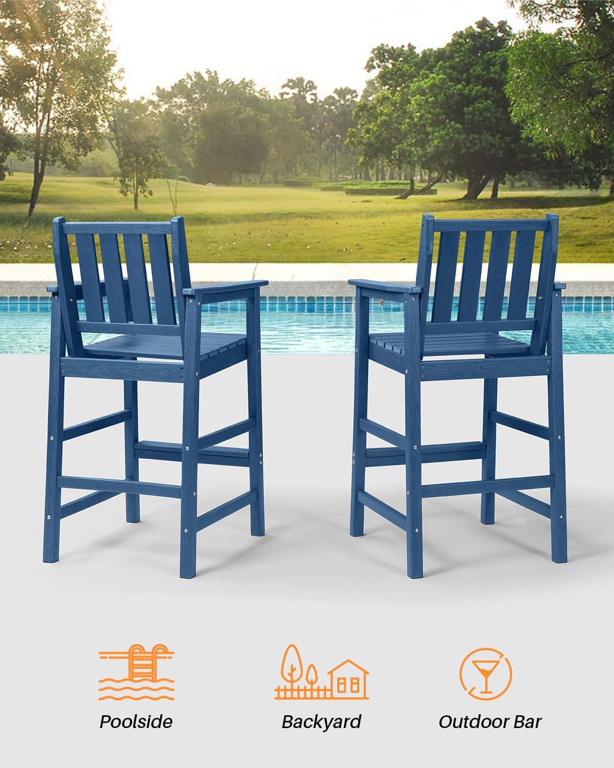 3-Piece Adirondack Chairs and Table Set, HDPE Outdoor Bar Sets, All Weather Outdoor Bar Stools Set, HDPE Adirondack Bar Height Chairs and Bar Table for Balcony, Bistro, Poolside, Navy