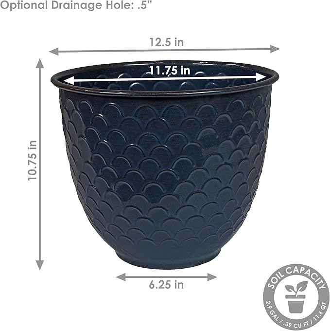 Sunnydaze Dinah 12.5" Metal Outdoor Plant Pot Set with Drainage Holes and Rubber Plugs - Navy Glaze - Set of 2