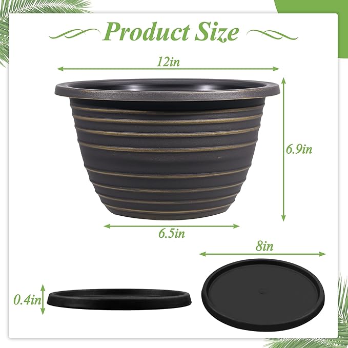 KPUVX12 inch pots for Plants, 3 Pack Large-Planter-Indoor-Outdoor,Plastic Flower Pots with Saucer and Drainage Holes, Retro Antique Imitation Decorative Garden Containers Sets for Houseplant(Gold)