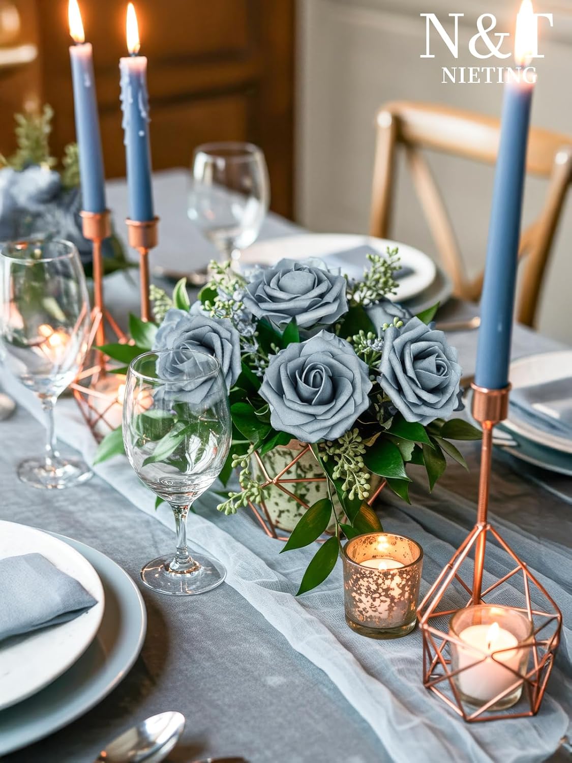 N&T NIETING Artificial Flowers, 25pcs Foam Roses Fake Flowers DIY Wedding Party Cake Decoration, Home Display, Dusty Blue Gray