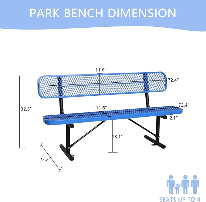 6FT Outdoor Benches Heavy Duty Park Bench with Back Portable Frame, Blue Metal Steel Bench, Outdoor Garden Bench Expanded Metal Mesh Bench for Lawn, Park, Deck, Garden, Patio, Porch, Black (Blue, 6FT)