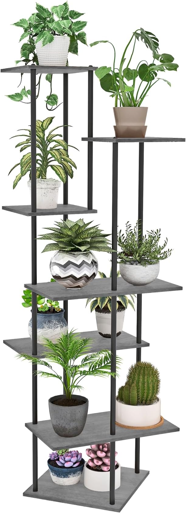 Plant Stand Indoor 7-Tier Metal Wood Plant Shelf for Multiple Flower Pots Corner Tall Flower Holders for Living Room Balcony Bedroom, Oak Grey