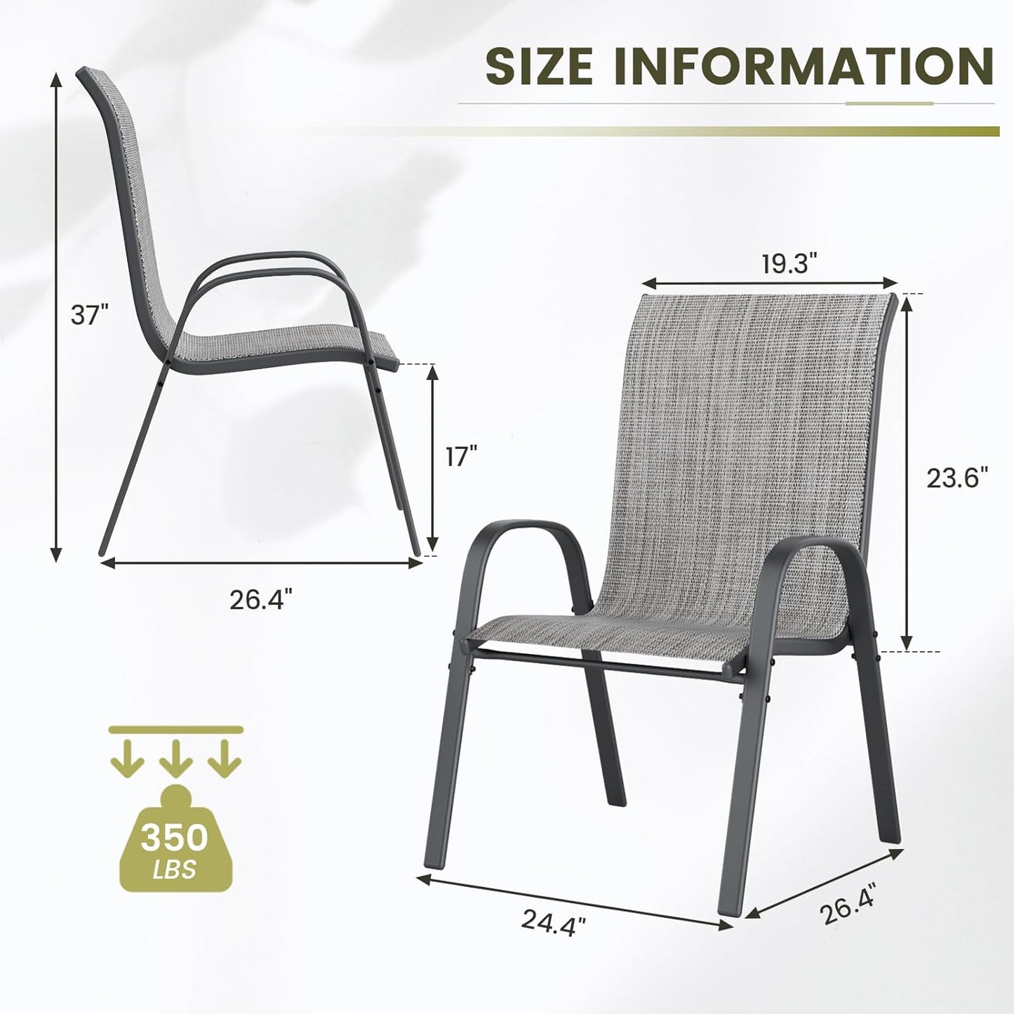 UDPATIO Patio Chairs Set of 2, Stackable Outdoor Dining Chairs with High Back, Breathable Textilene Fabric Outdoor Chair All Weather, 350LBS Capacity for Garden, Backyard (Light Grey)