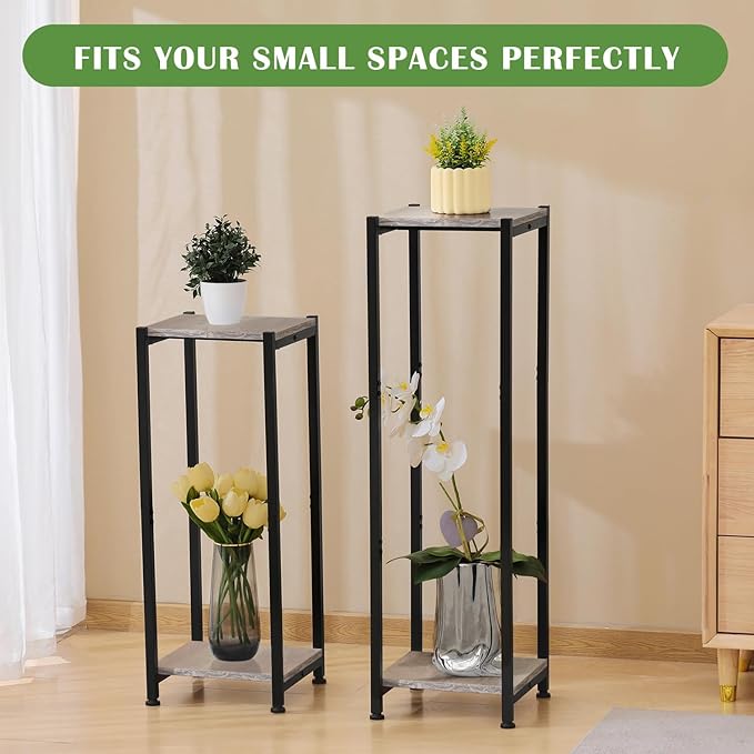 Tall Plant Stand Indoor,31 Inch Plant Stands,2 Tier Metal Plant Stand with Heavy Duty Wood,Greige and Black