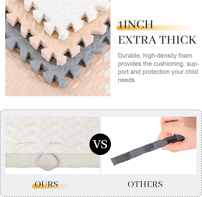 12x12x1 Inch EVA Thick Interlocking Foam Floor Tiles Puzzle Exercise Mat Play Foam Mats for Boys Girls Baby Pets Home Classroom Nursery Gym (Beige, Grey, White)