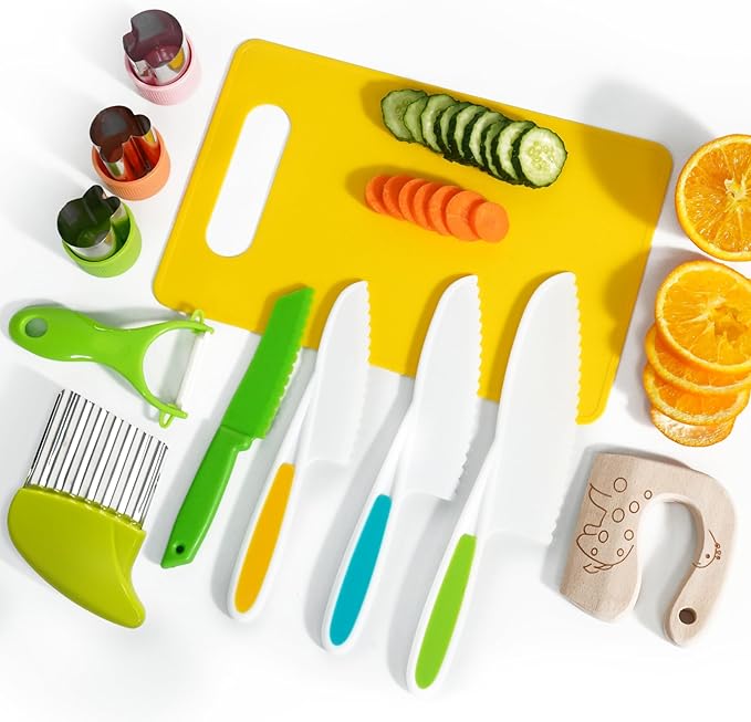 Kids Kitchen Knife Set, 11 Pcs Montessori Kitchen Tools for Toddlers' Real Cooking, Include Kid Knives, Crinkle Cutter, Sandwich Cutters, Peeler, Cutting Board for Birthday