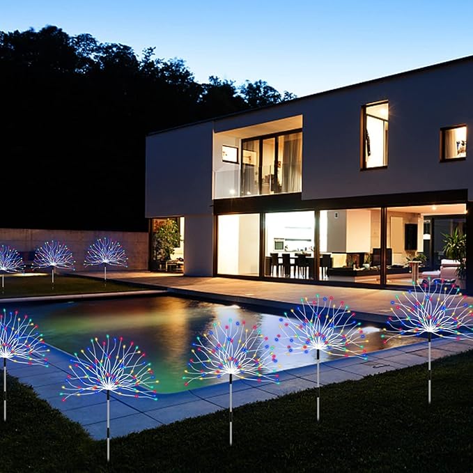 Outdoor Solar Garden Lights,Firework Lights 4 Pack Waterproof Decorative Pathway Lights,120Led Firefly Lights Solar Outdoor Decor for Courtyard Garden Party Yard Decorations Outdoor,Colorful