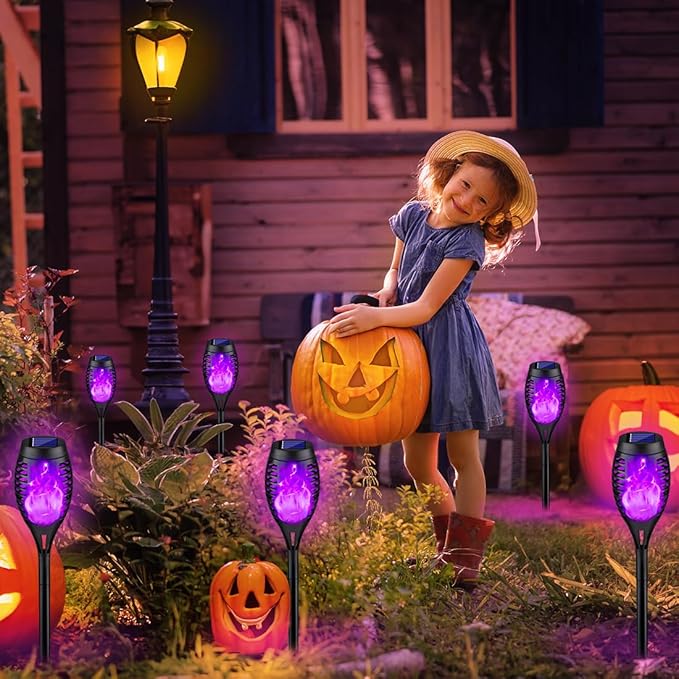 8Pack Halloween Decorations Outdoor, Halloween Solar Lights with Purple Flame for Halloween Decor, Waterproof Halloween Lights Outdoor, Solar Pathway Lights for Lawn Outside Halloween Yard Decorations