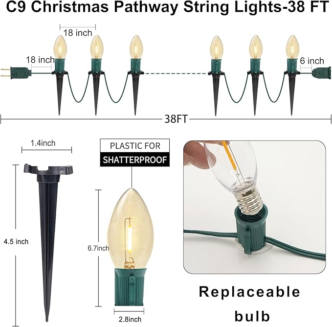 C9 Christmas Pathway Lights, 38FT C9 Christmas Pathway String Lights with 25 Clear LED Light Bulbs and Stakes for Outdoor Walkway Driveway Backyard Christmas Decorations