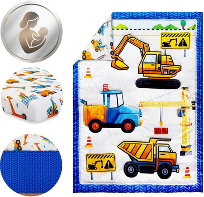 3 Piece Baby Boy Crib Bedding Set Construction Theme Baby Comforter Set for Crib Nursery Bed Set Decor with Fitted Crib Sheet, Comforter and Skirt for Boys Girls (Construction)