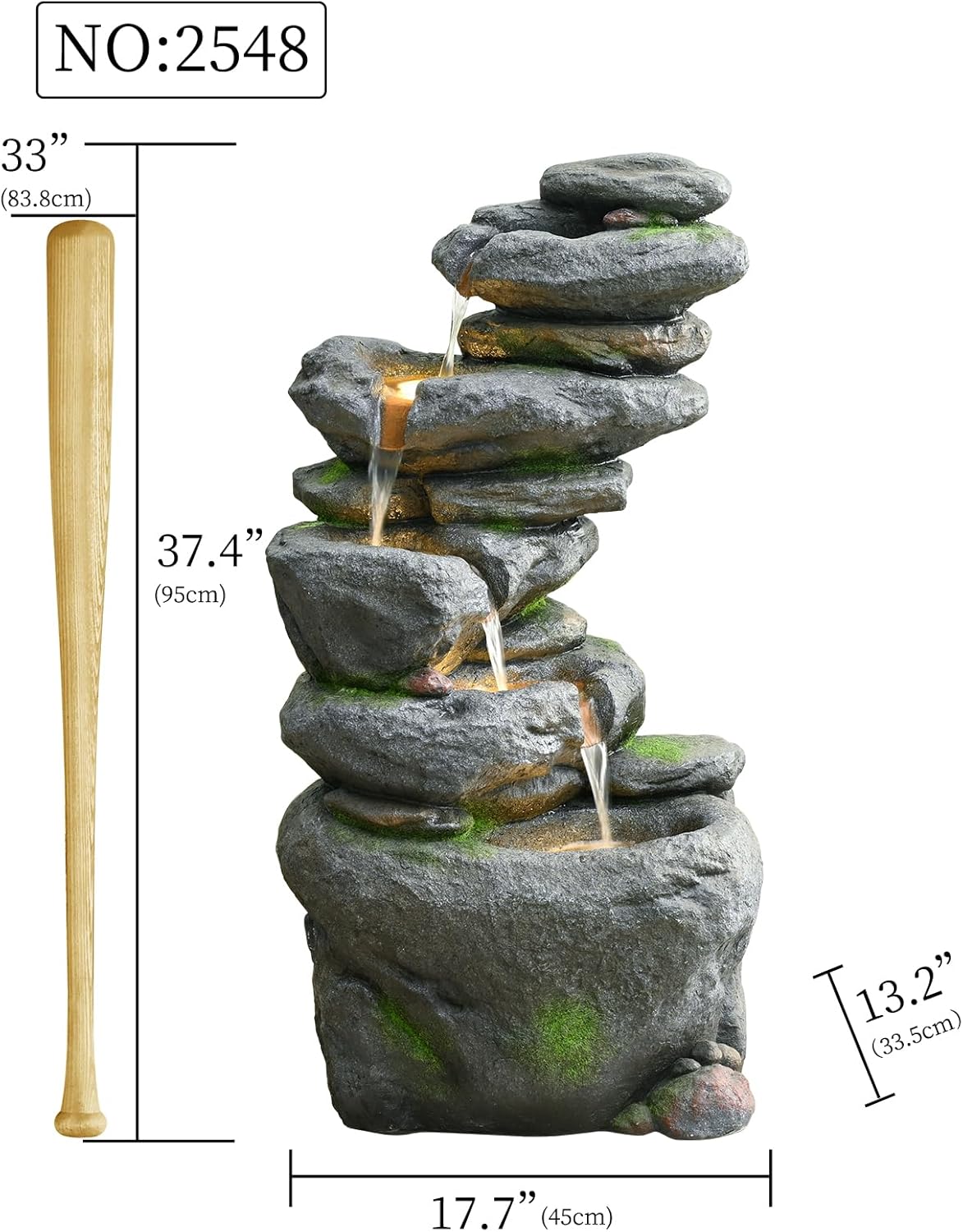 38" Outdoor Garden Water Fountain with Lights 5 Tiers Cascading Large Waterfall Floor Standing Fountain for Patio, Backyard, Deck, Porch and Home Art Decor