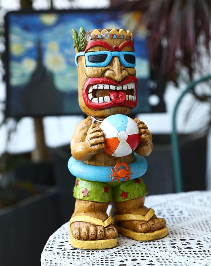 Large Float Tiki Garden Statue,Funny Tiki Decor Figurine with Multi-Color Changing Solar Lights,Hawaiian Tiki Man Outdoor Patio Yard Lawn Bar Party Beach Pool Decoration,Christmas Ornament Gift