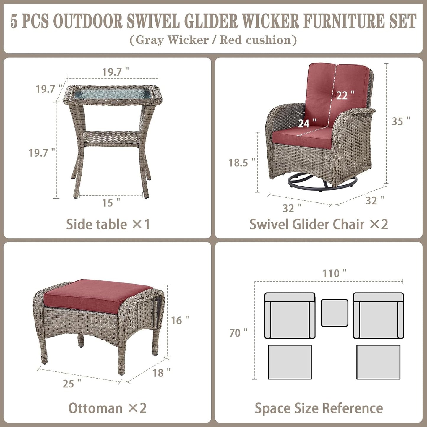 5 Pieces Wicker Patio Furniture Set - Swivel Rocker Outdoor Chairs with Ottomans and Side Table, Small Patio Conversation Set for Porch Deck Backyard Red