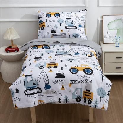 NTBED 4 Pieces Construction Toddler Bedding Set for Baby Boys,Tree Truck Vehicles Excavator Cars Printed, Includes Comforter, Flat Sheet, Fitted Sheet and Pillowcase,Light Grey
