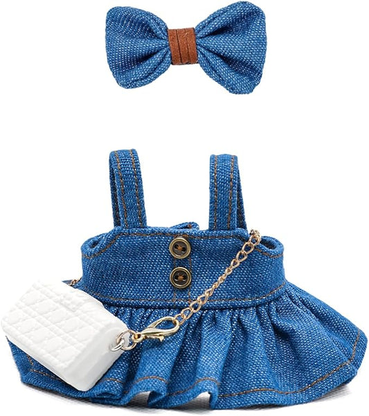 Doll Clothes for 17cm Dolls Cute Style Premium Handmade Outfit 3 Piece Set Including a Denim Bow, Dress and Bag - Dolls Clothes Accessories for Play & Display - No Doll (Blue)