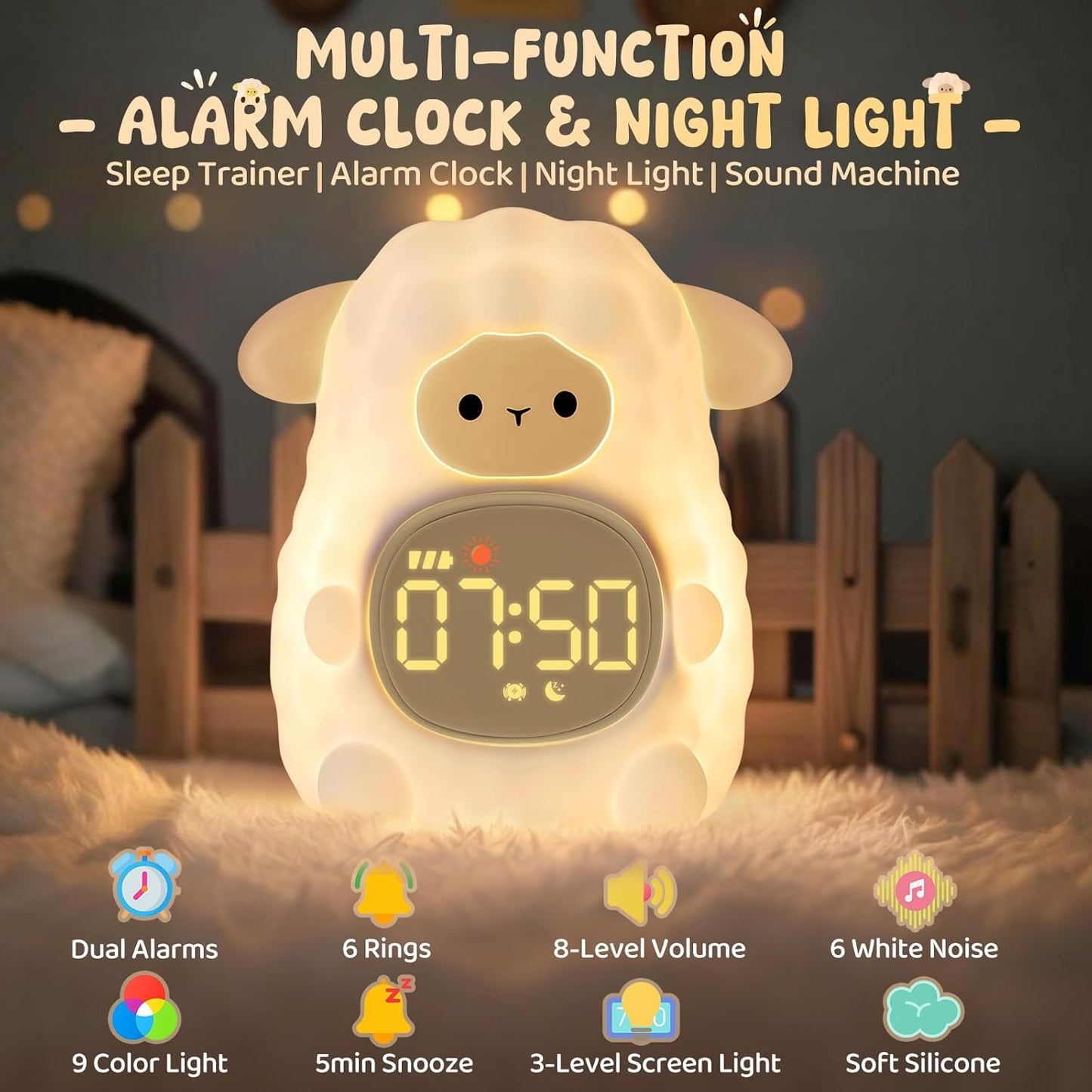 Sheep Alarm Clock with Night Light for Kids with Sleep Training and Sound Machine, Rechargeable Silicone Lamp OK to Wake Clock，Cute Animal Tabletop Lamp, Perfect Sleep Companion for Boys Girls, Khaki