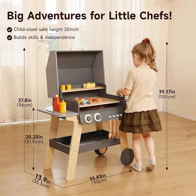 Kids BBQ Grill Playset Toy for Toddlers & Children Ages 3-8, Wooden Outdoor Indoor Pretend Play Cooking Toys with Toy Food and Grilling Tools, for Girls & Boys