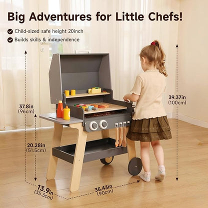 Kids BBQ Grill Playset Toy for Toddlers & Children Ages 3-8, Wooden Outdoor Indoor Pretend Play Cooking Toys with Toy Food and Grilling Tools, for Girls & Boys