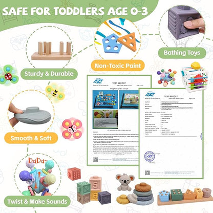 6-in-1 Montessori Baby Toys 0-6 6-12 Months, Infant Teething Toys Soft Stacking Blocks Rings Shape Sorter Sensory Fidget Spinners for Toddler 1-3, First Baby Gift Set for 6 Month Old Girl Boy