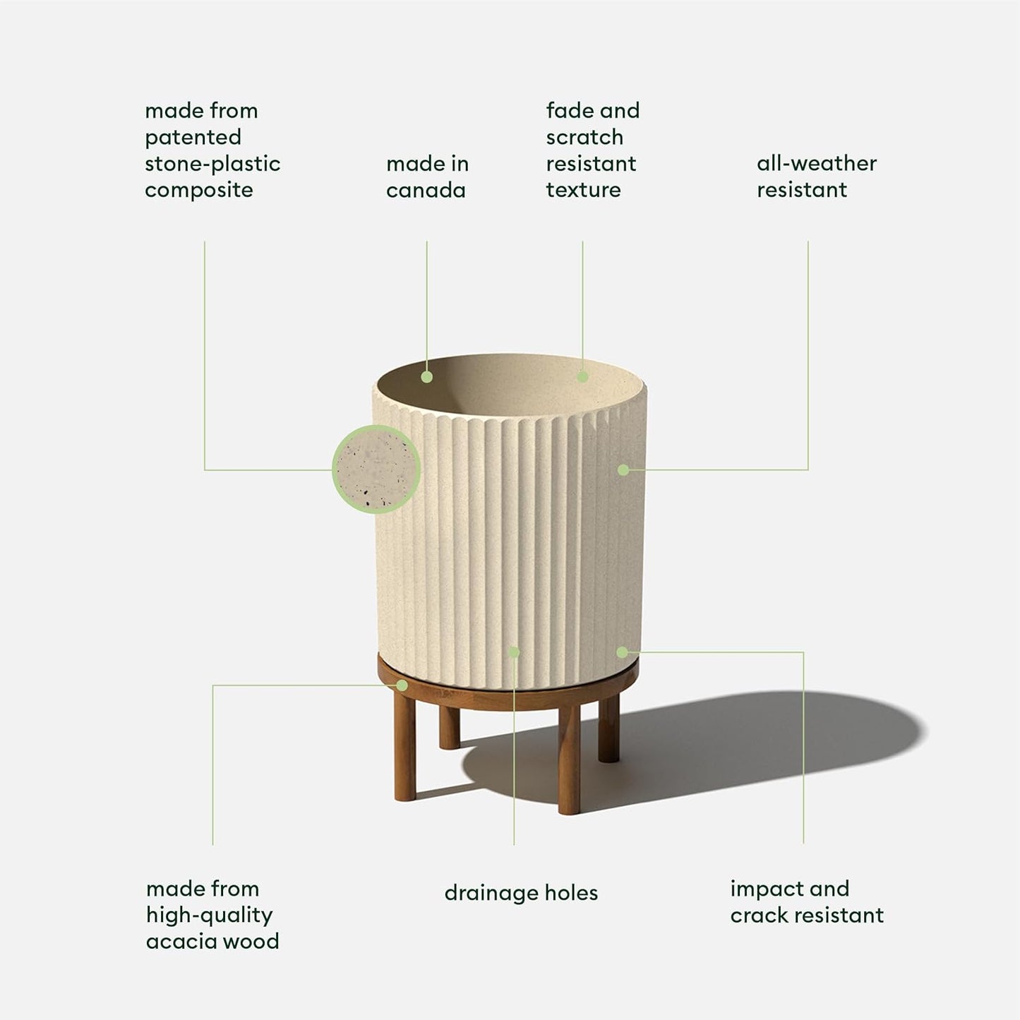 Veradek Demi Series Round Planter w/Stand for Porch/Patio | Durable Plastic-Stone Composite & Wooden Stand | Modern Décor for Tall Plants, Flowers