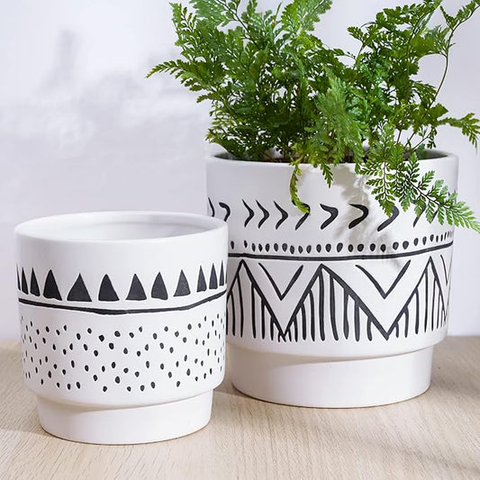 Boho 6 Inch Ceramic Plant pots, Geometric Ceramic Embossed Flower Pots Indoor with Drainage Holes, 2 Set Minimalistic Planters for Indoor and Outdoor Plants(Beige&Black)