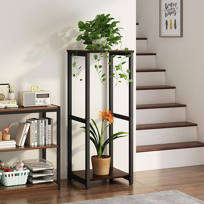 Plant Stand Indoor 2 Tier Tall Metal Corner Storage Tiered Plant Shelf Holder Multiple for Living Room Balcony Garden,Black Oak (2 Tier-Black Oak)