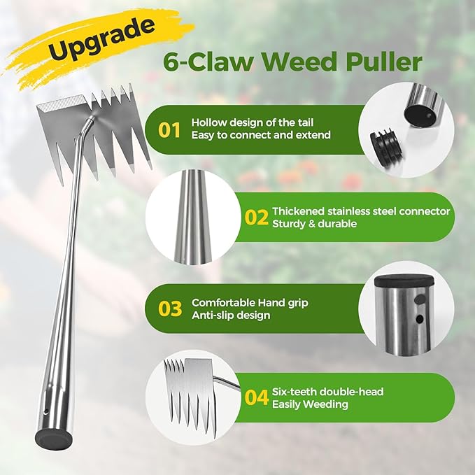 2025 Upgraded Weed Puller Tool,Portable Garden Weed Rake Uprooting Weeding Tool with Handle,6 Tooth Manganese Steel Manual Weeder Remover Tool for Gardening Backyard Farm Planting & Weeding