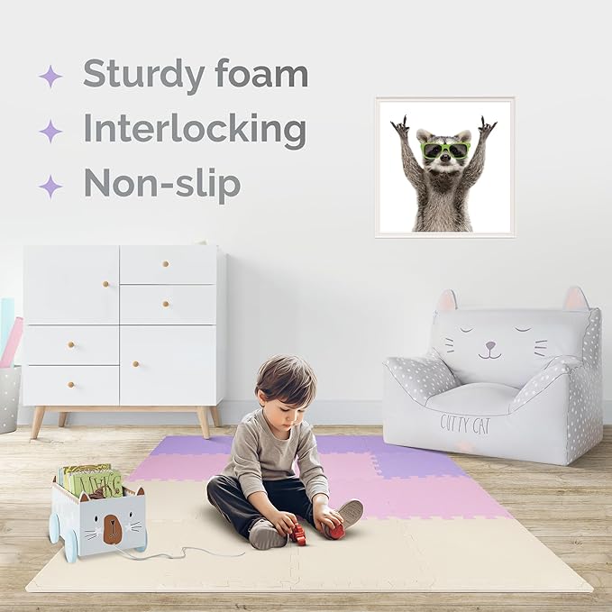 TOYVELT Ultimate Foam Play Mat Set 12x12-16 Interlocking Floor Tiles for Kids - Non Toxic, Colorful Foam Puzzle Mats - Safe and Durable - Ideal Play Mat for Toddlers 1-3 - Pink-Purple-Beige