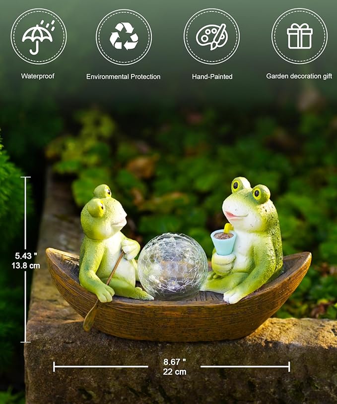 Solar Frogs Boating Statue Garden Decor: Outdoor Sculpture Lights Decorations Art Ornament Yard Lawn Backyard - Ideal Gifts for Women Mom Grandma