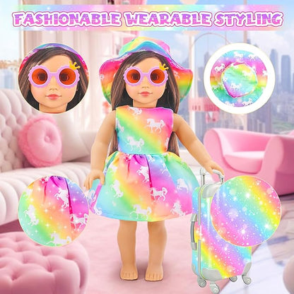 American 18 Inch Doll Accessories Travel Set Brilliant Colors Including Suitcase Luggage and Dress with Hat, Camera, Makeup Sets Dolls Travel Gear Play Set Gift for Birthday (NO Doll)