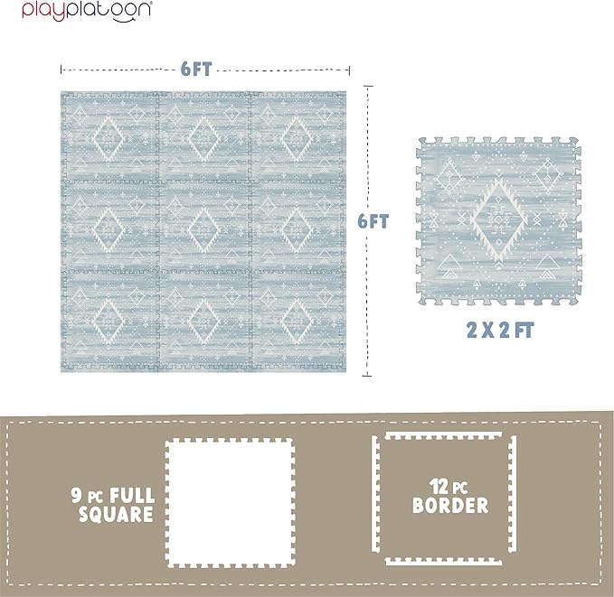 Play Platoon Non-Toxic Large Kids Play Mats for Floor, 9 Tiles, 72 x 72 inch - Extra-Thick Foam Tiles, 24 x 24 inch Puzzle Mats, Neutral Playmat for Toddlers & Childrens Playroom - Saguaro Print