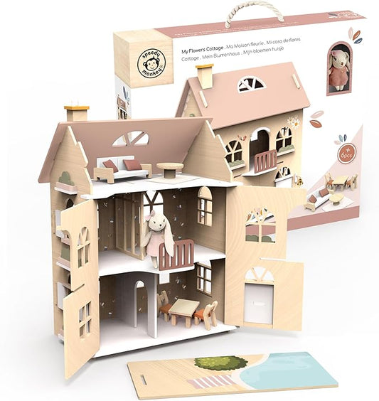 SPEEDY MONKEY Flowers Cottage Wooden Dollhouse with Starter Set | Pretend Play Doll House for Toddlers & Preschoolers | Fun Playhouse for Boys & Girls, Ideal for Imaginative Storytelling Playset