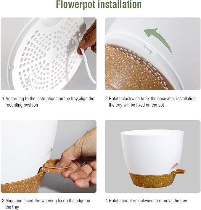 8 inch Self Watering Pots, 2 Pack Plastic Planters with Mesh Drainage Holes for Garden Plants and Flower, Plants Pots with Deep Reservoir for Indoor Outdoor Plants, White with Brown