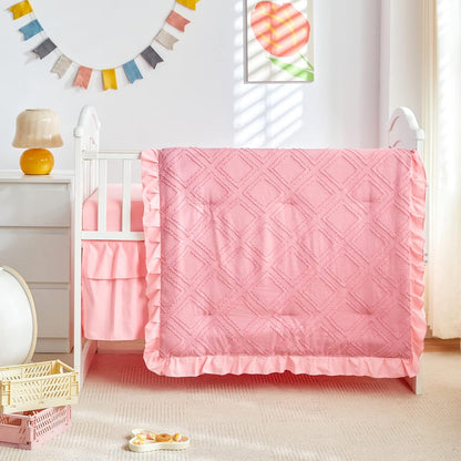 Mini Crib Bedding Set 3 Pieces Baby Boho Quilted Tufted Ruffles Comforter with Fitted Sheet and Ruffled Bed Skirt - Cute Shabby Baby Bedding Fits Mini Crib Only Pink