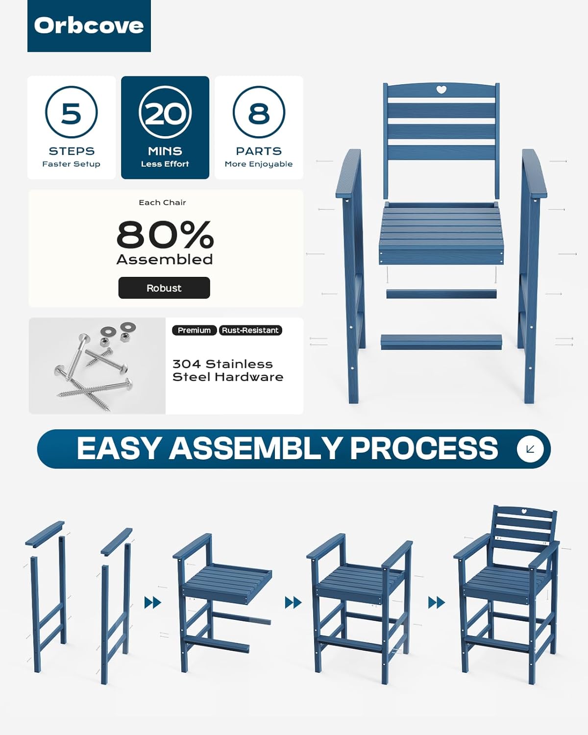 Tall Adirondack Chairs Set of 2, HDPE Wood Balcony Adirondack Chairs Set with Heart Cutout Design, Weather-Resistant Bar Height Furniture for Deck, Porch, Pool (Navy Blue)