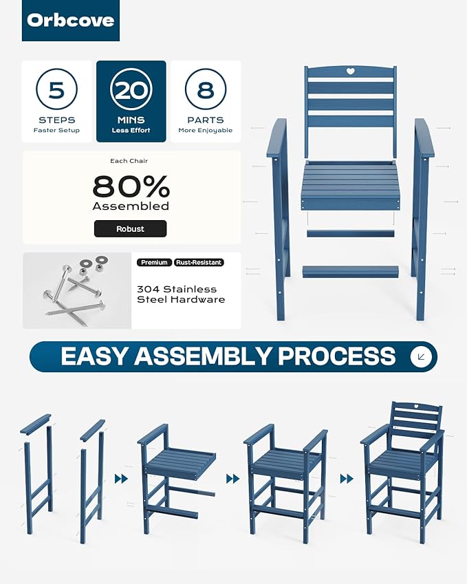 Tall Adirondack Chairs Set of 4, HDPE Wood Balcony Adirondack Chairs Set with Heart Cutout Design, Weather-Resistant Bar Height Furniture for Deck, Porch, Pool (Navy Blue)