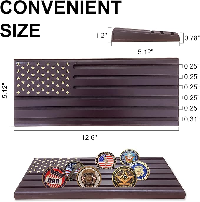 6-Row Military Challenge Coin Display Stand - Challenge Coin Holder with Rustic, Coin Holders for Collectors Organize Medals & Memorabilia - Coin Holder for Home, Office, Showcase (Holds 30-36 Coins, American Flag ) (Brown)