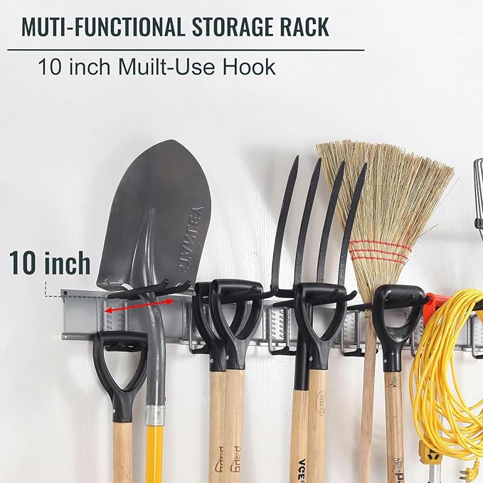 Wall Mount Tool Storage Rack, Heavy Duty Garage Organizer, Garden Hooks and Hangers, Hold Up to 350lbs Grey AK806