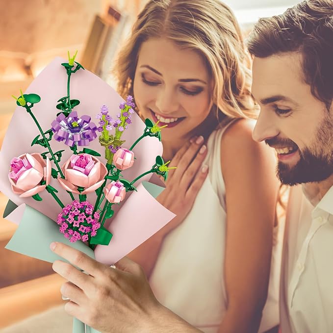 Flower Bouquet Building Blocks Artificial Pink Rose Botanical Collection Bricks Sets Toys Kits Christmas X'Mas Valentine Gifts Birthday Creative Gifts for Adults Mom Girlfriends(413PCS)