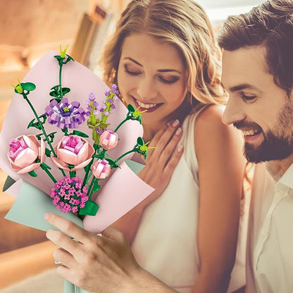 Flower Bouquet Building Blocks Artificial Pink Rose Botanical Collection Bricks Sets Toys Kits Christmas X'Mas Valentine Gifts Birthday Creative Gifts for Adults Mom Girlfriends(413PCS)